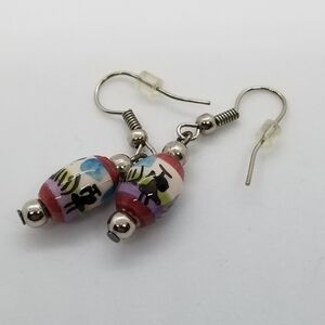 wooden art bead dangle earrings